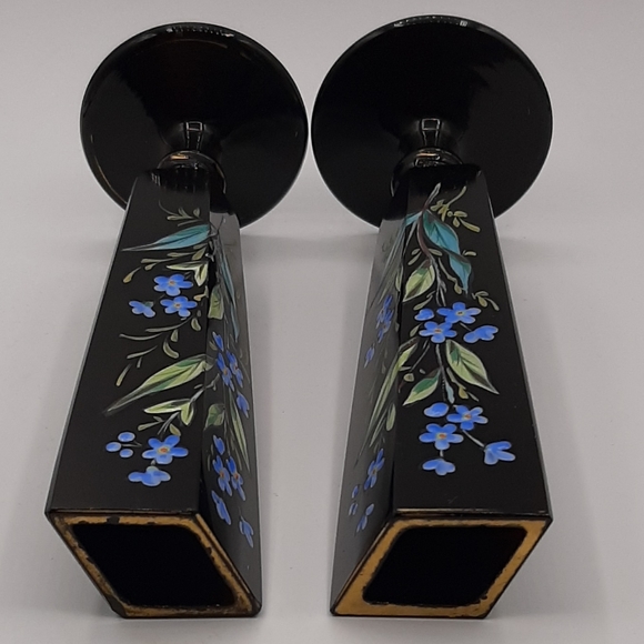 Pair Antique Black Glass Bus Vases Hand Painted Enamel Floral Gold Gilt Accent - Picture 10 of 10